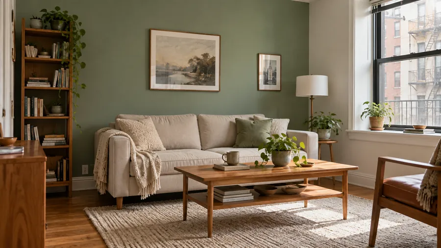 Illustration: sage-green painted accent wall behind a sofa in a bright living room