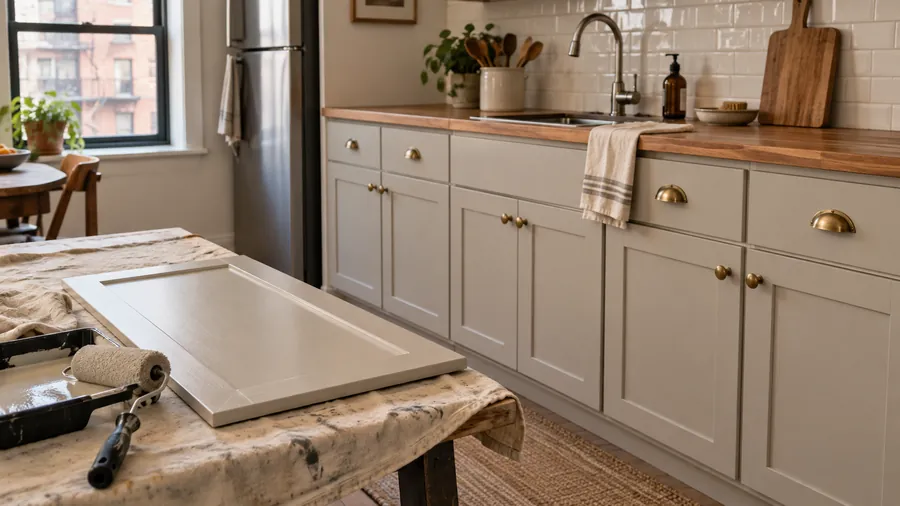 Illustration: kitchen cabinet door laid flat for painting in a pale kitchen