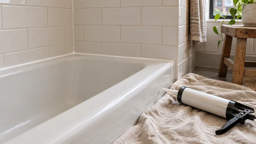 Illustration: fresh silicone bead along a bathtub and white tile, caulk gun on a cloth