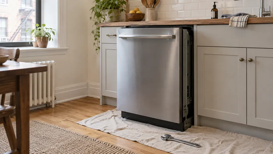 Illustration: stainless dishwasher pulled out from a kitchen cabinet run