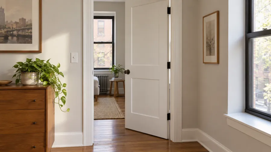 Illustration: new white interior door hung in a pre-war apartment hallway