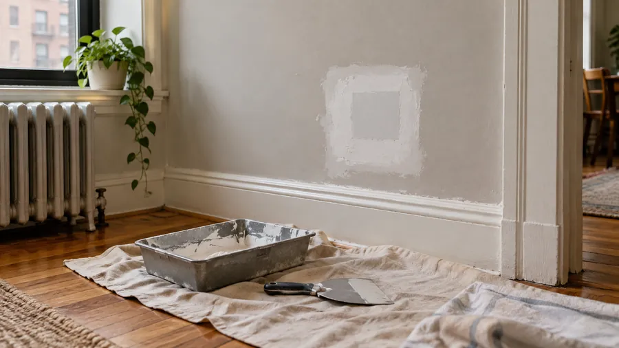 Illustration: patched and skimmed drywall section drying on an apartment wall