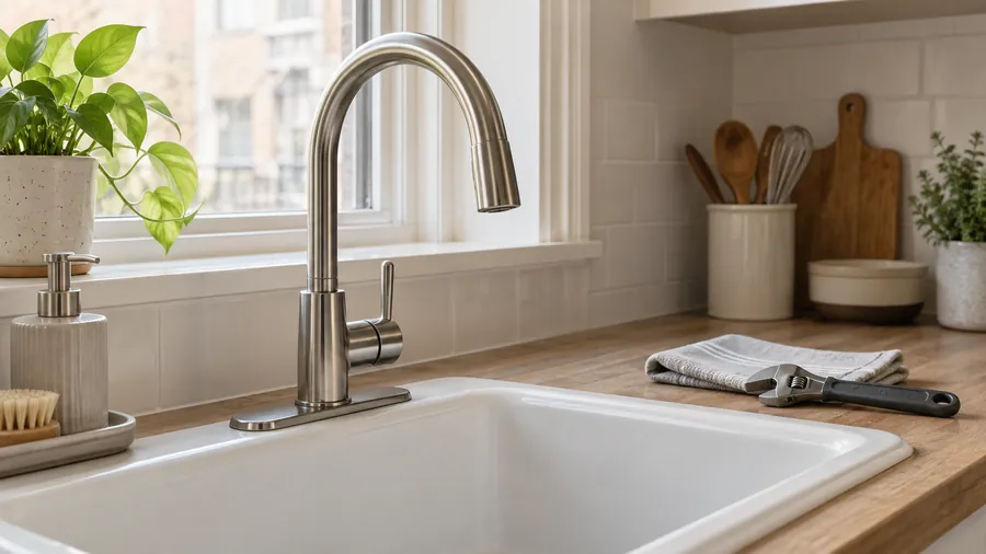 Illustration: new brushed-nickel kitchen faucet on a white sink by a window