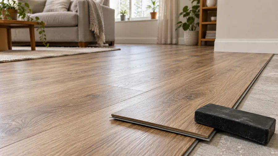 Illustration: laminate planks being clicked together on an apartment floor