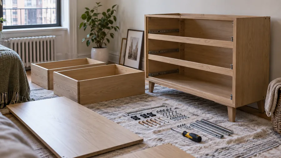Illustration: flat-pack dresser mid-assembly with hardware laid out on the floor