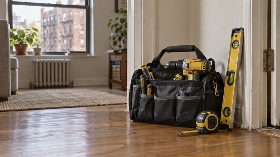 Illustration: tool bag, drill and level on an apartment floor by the door