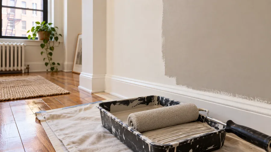 Illustration: paint roller and tray on a drop cloth beside a freshly painted apartment wall