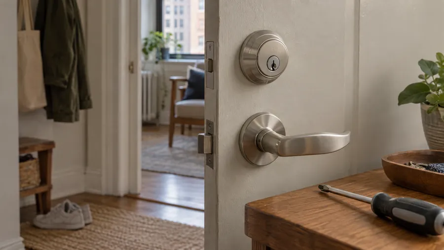 Illustration: new lever handle and deadbolt on an apartment entry door