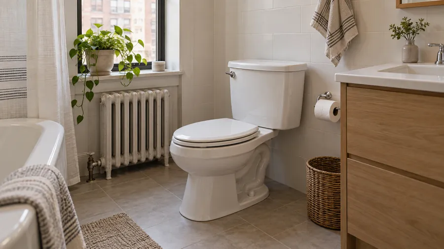 Illustration: white two-piece toilet in a small tiled New York bathroom