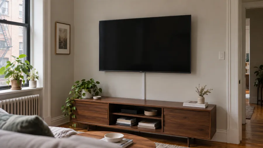 Illustration: flat-screen TV wall-mounted above a media console in a living room