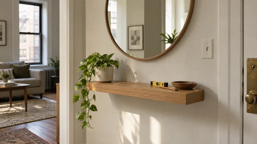 Illustration: round mirror and floating shelf mounted in an apartment entry