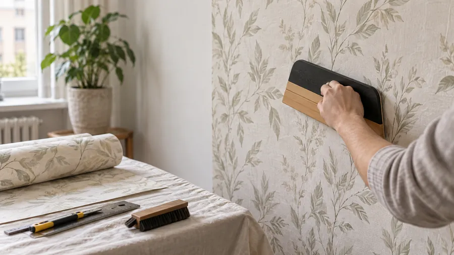 Illustration: botanical wallpaper being smoothed onto a wall with a plastic smoother