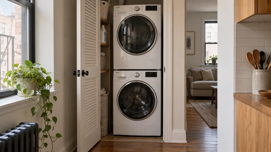 Illustration: stacked washer and dryer in an apartment closet
