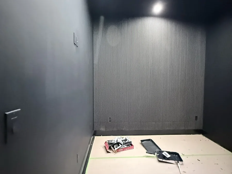 All-Black Lounge Room With a Wood Slat Accent Wall in Bed-Stuy, Brooklyn