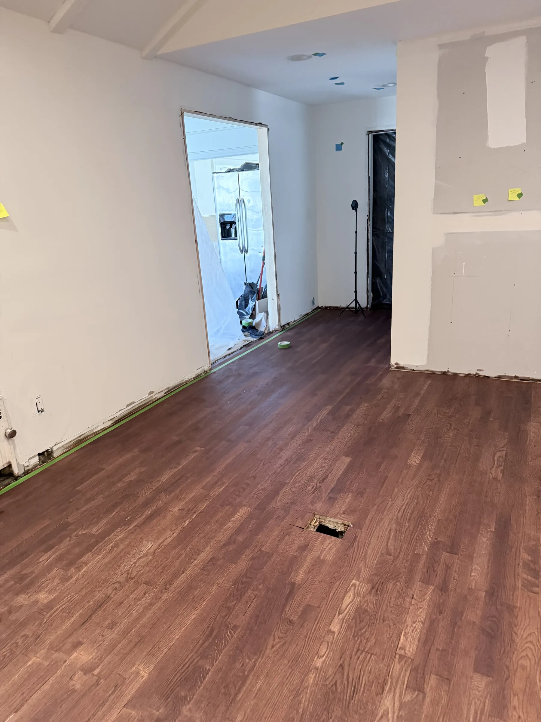 Stained wood floor before the chess pattern was painted, Baldwin NY