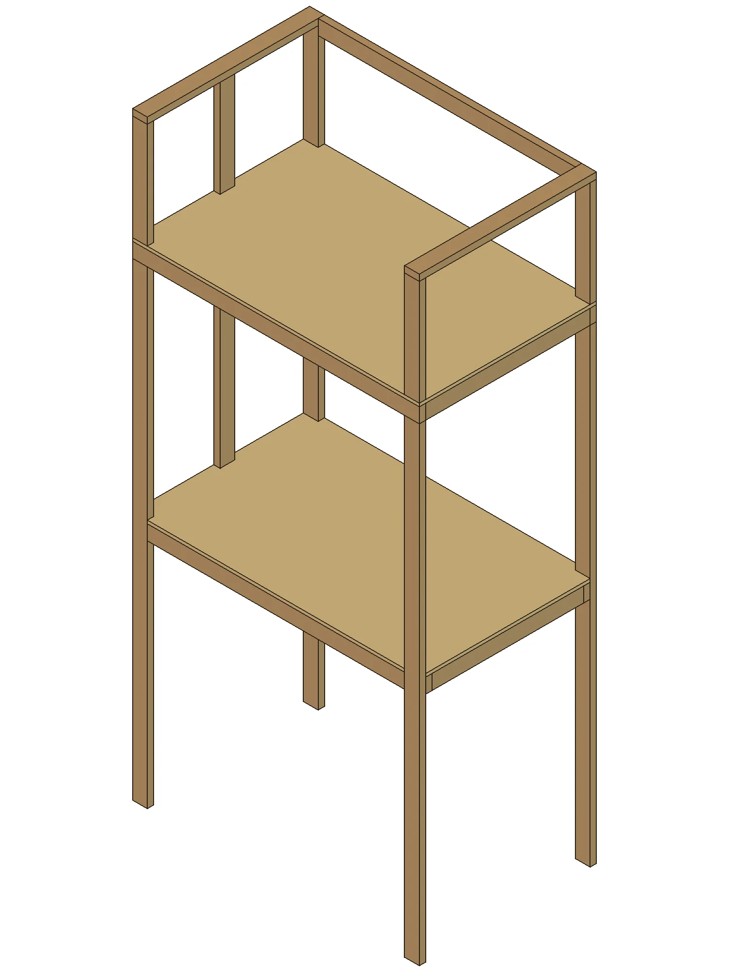 3D model of the open art storage rack with two plywood shelves and top guard rails