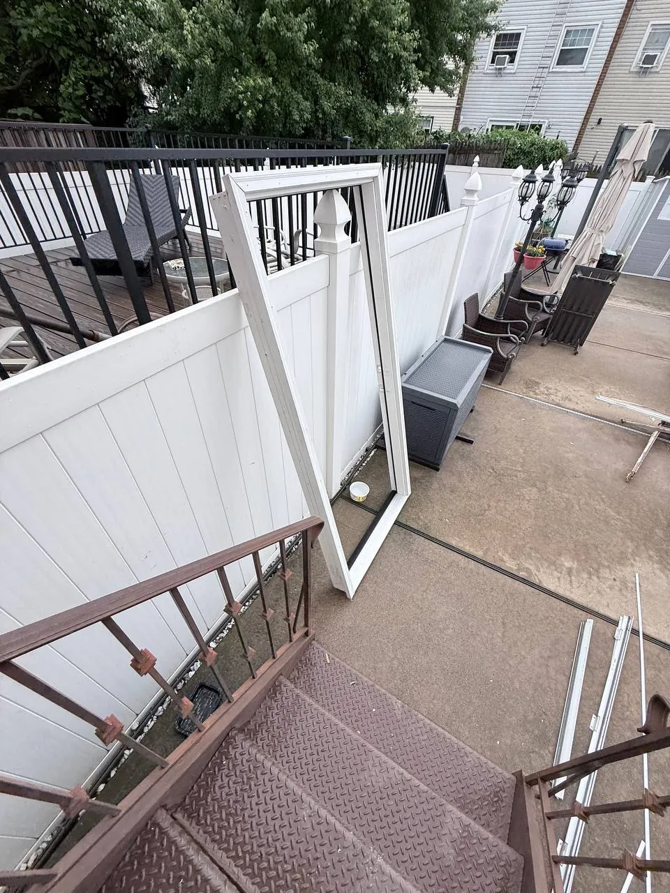 New prehung door frame staged outside, ready to be set into the opening