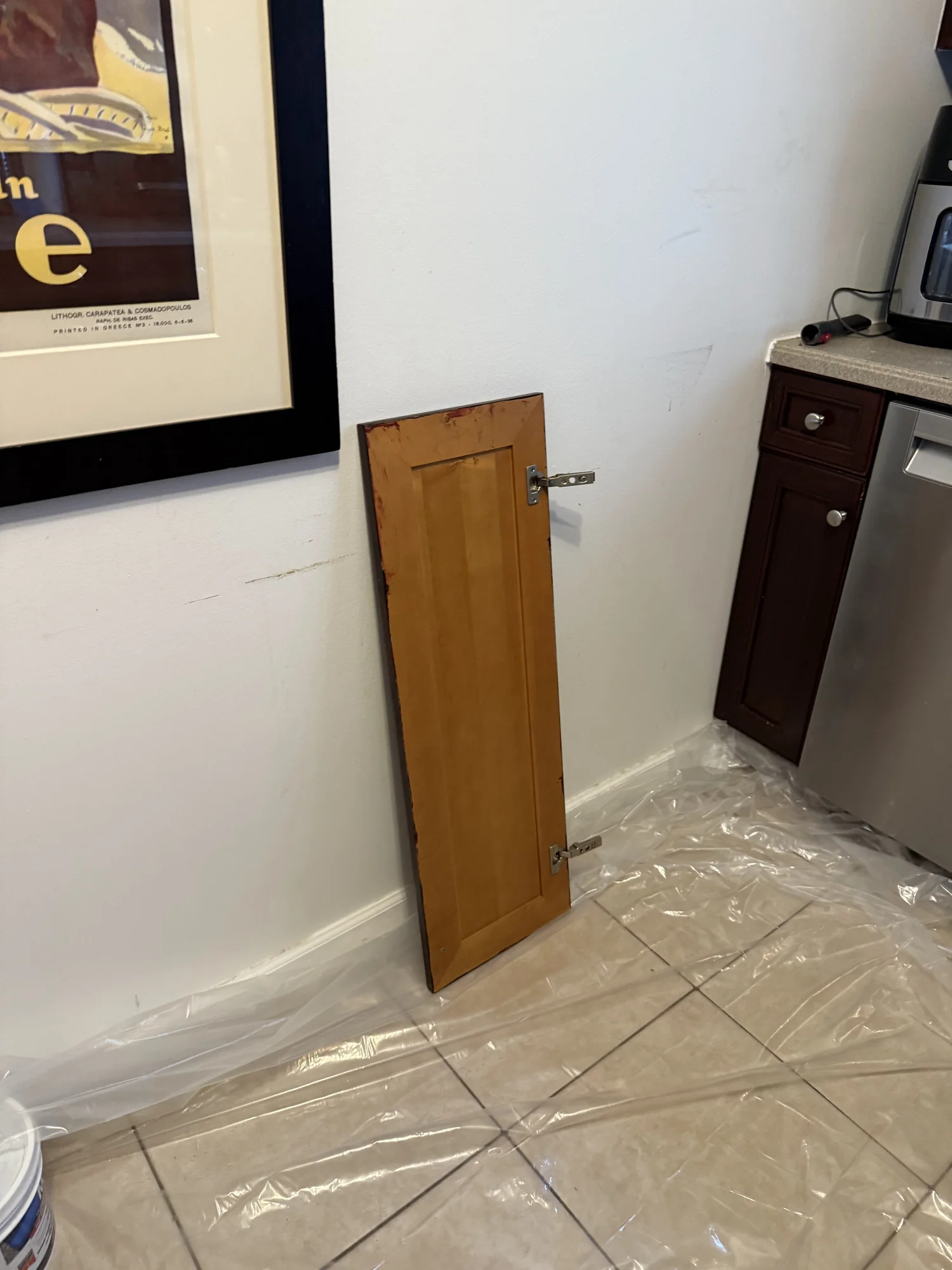 A cabinet door stripped to bare wood leaning against a wall, floor covered with film