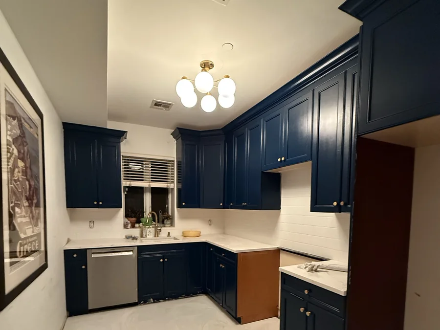 Kitchen Cabinets Stripped and Painted Navy, with a New Subway Backsplash and Porcelain Floor in South Slope, Brooklyn