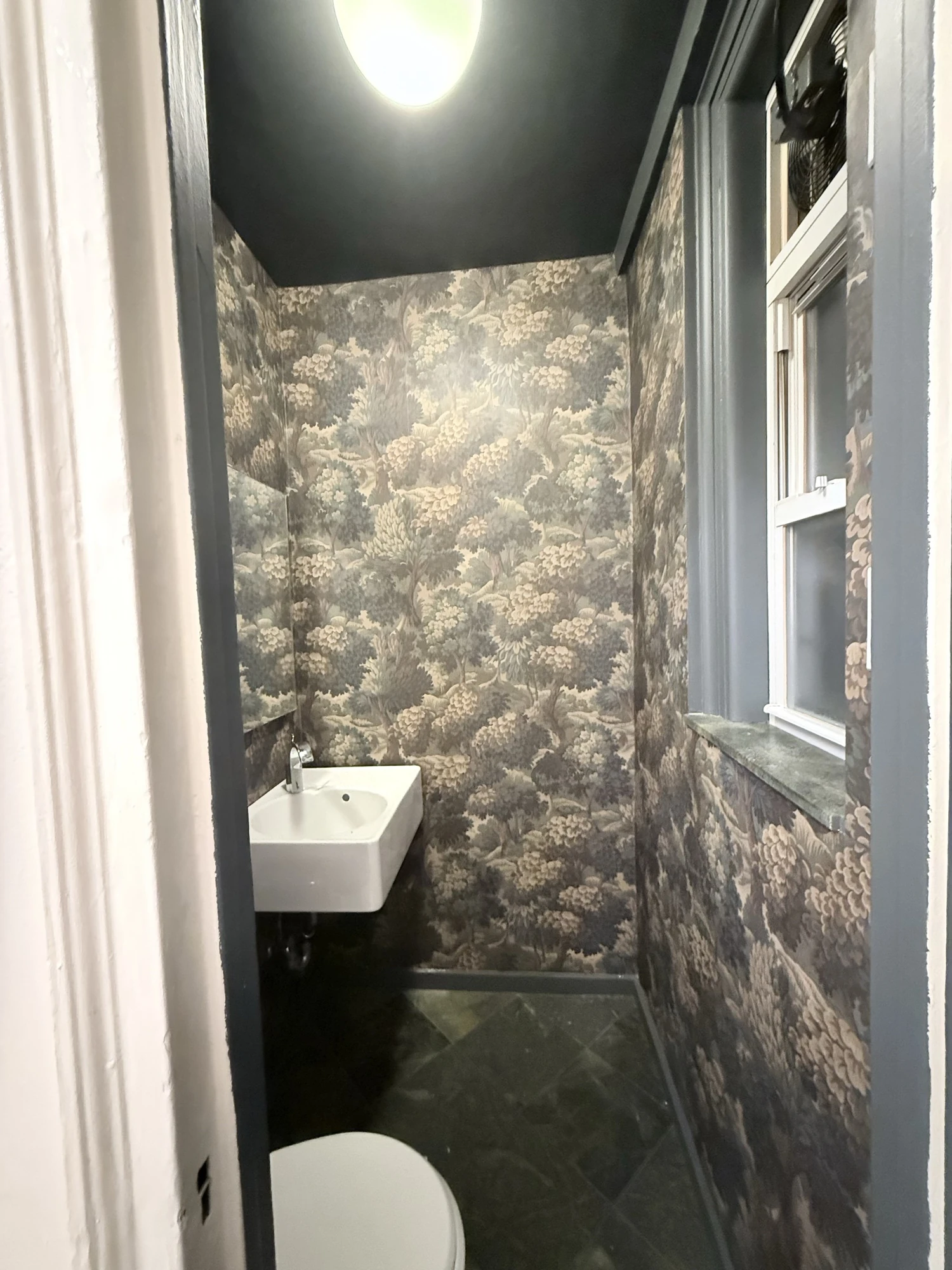 Dark ceiling and light fixture above the botanical wallpaper in the finished powder room