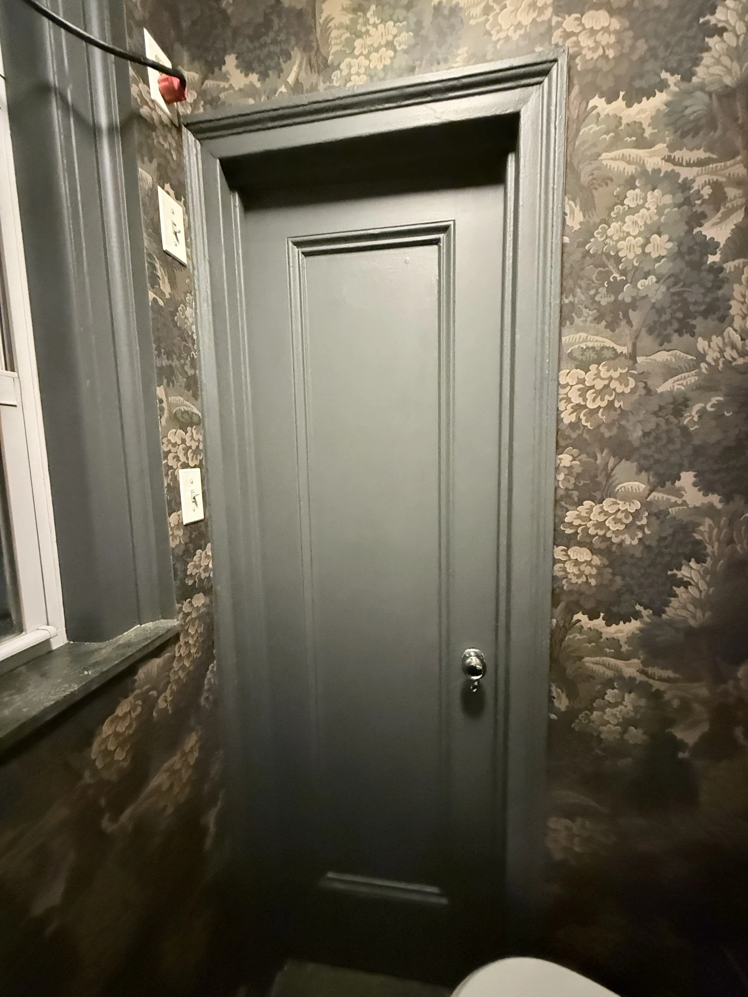 The same door painted dark beside a botanical wallpaper wall, Upper West Side Manhattan