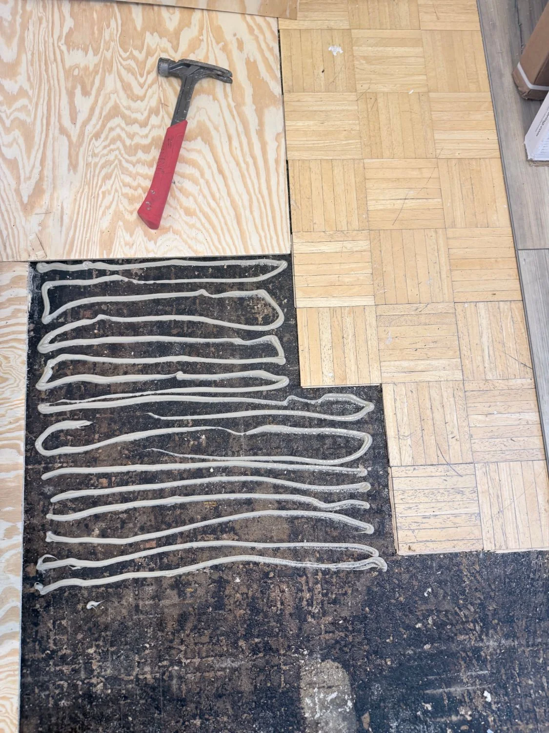 Construction adhesive beads applied to the subfloor before laying plywood, Bronx apartment