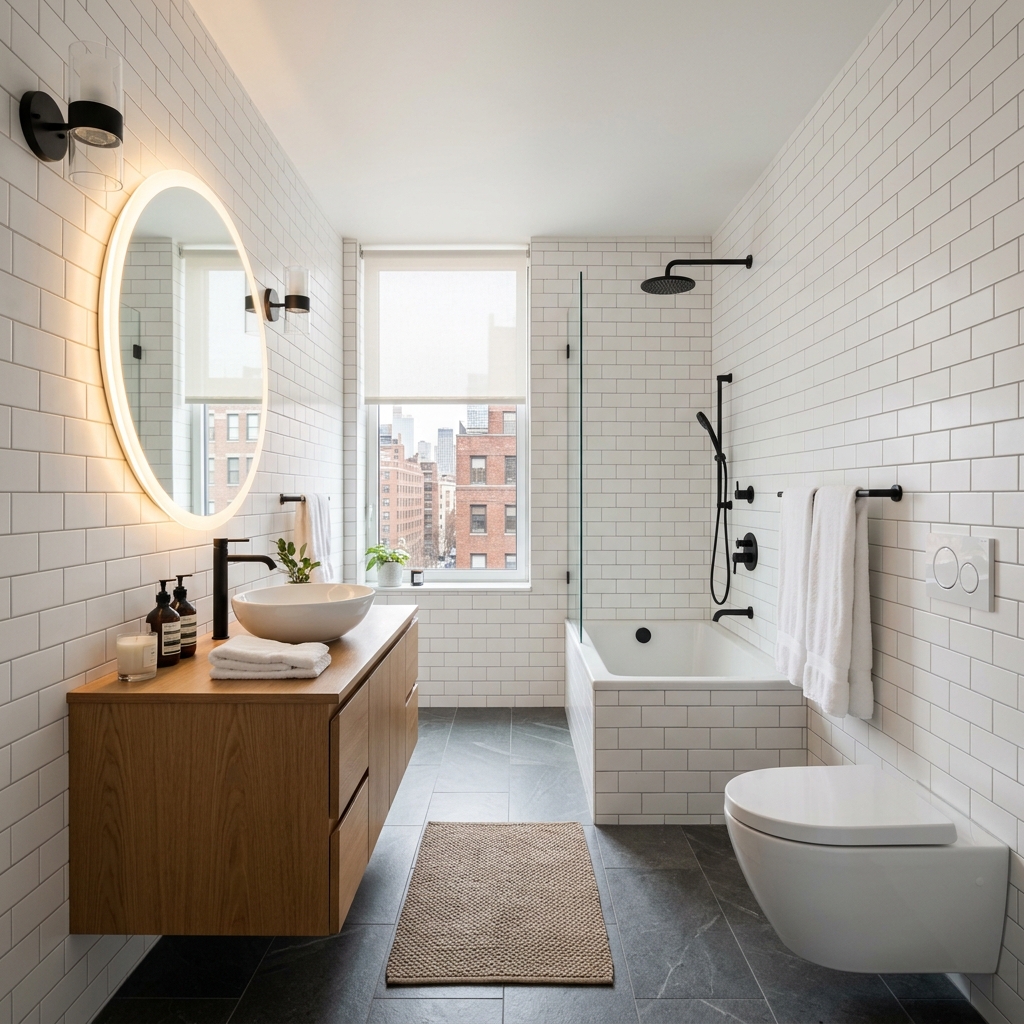 NYC bathroom with vanity, mirror, shower, toilet, towel bar