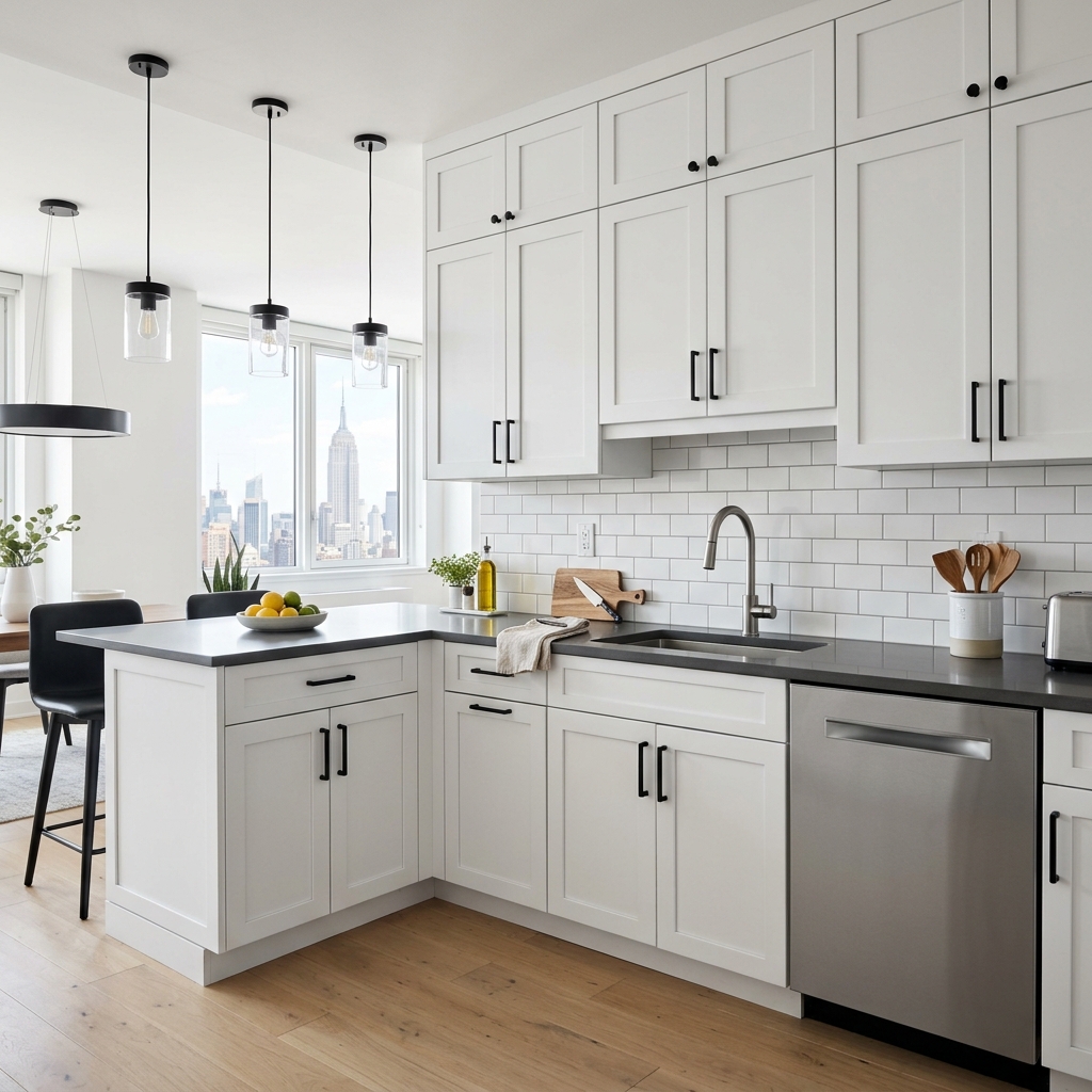 NYC kitchen with dishwasher, faucet, backsplash, cabinets, pendant lights