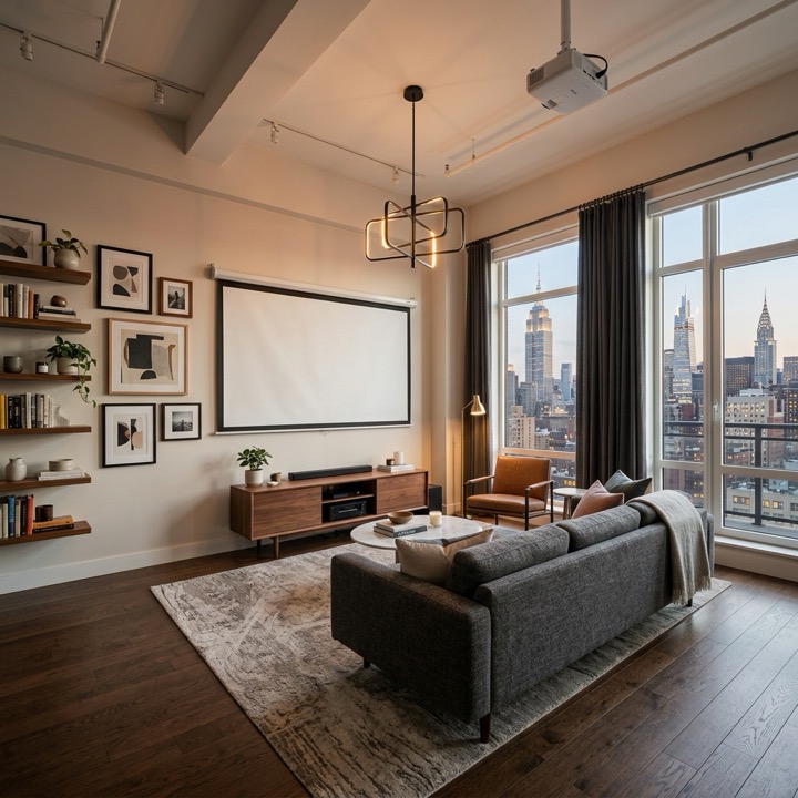 NYC living room with projector, screen, shelves, art, curtain rod, light fixture, sofa