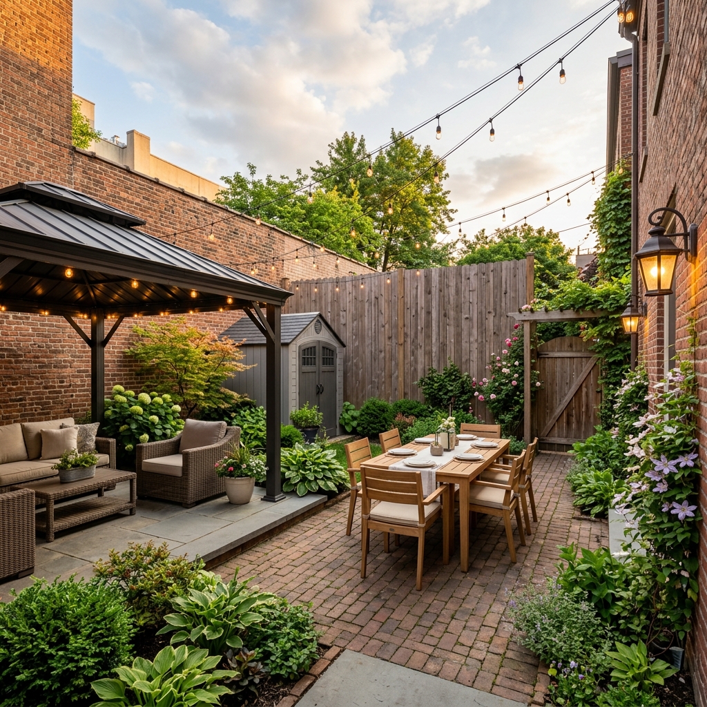 NYC backyard with gazebo, shed, lantern, patio furniture, fence
